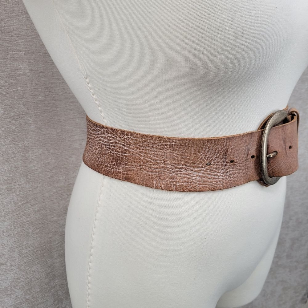 Sam Brown Wide Asymmetrical Tan Leather Belt Oversized Silver Buckle Boho - Picture 6 of 14
